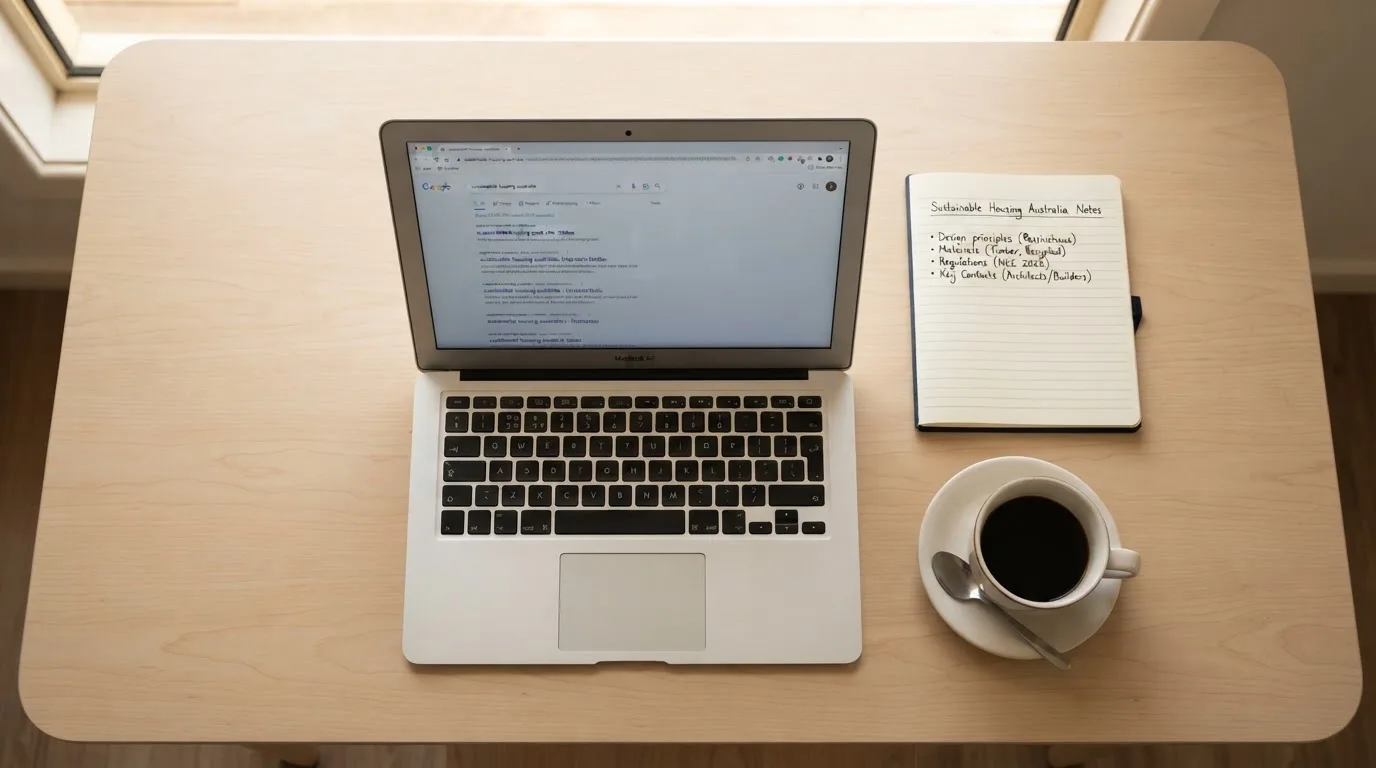 A tidy desk with a laptop open on a plain search-results page, a notebook and a coffee cup beside it, no screens showing any casino branding.