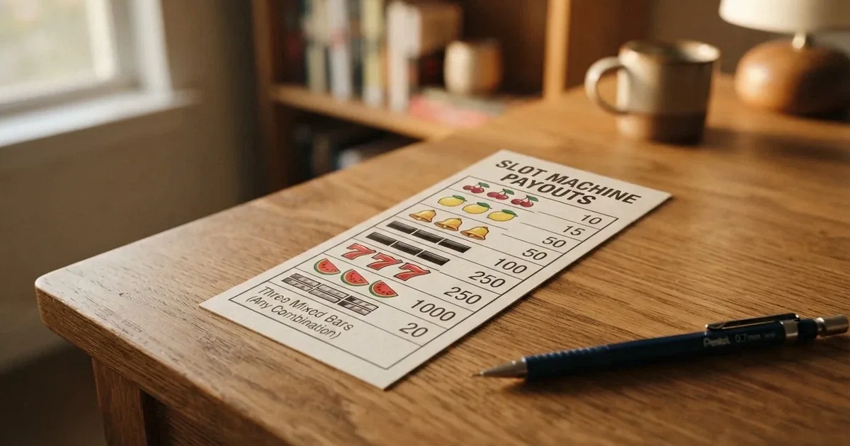 A printed strip of generic slot symbols and payout numbers laid on a desk, like a reference chart rather than a live game.