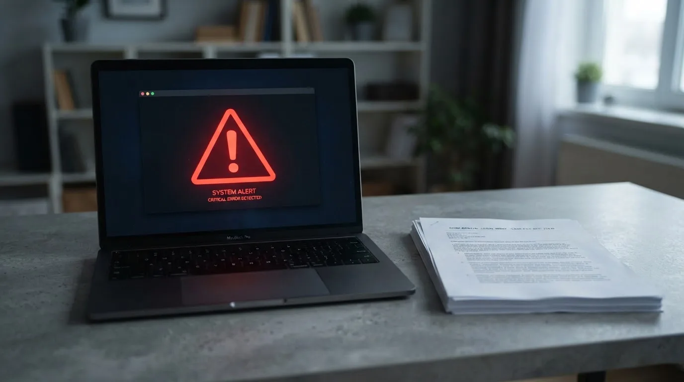 A red triangular warning sign icon on a laptop screen next to a stack of legal papers, symbolising an official caution rather than any specific website.