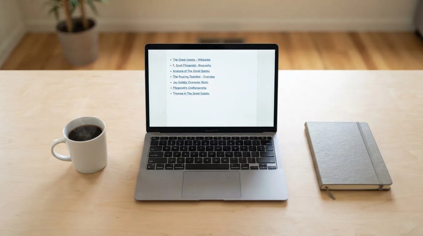 A tidy desk with a laptop open on a plain search-results page, a notebook and a coffee cup beside it, no screens showing any casino branding.