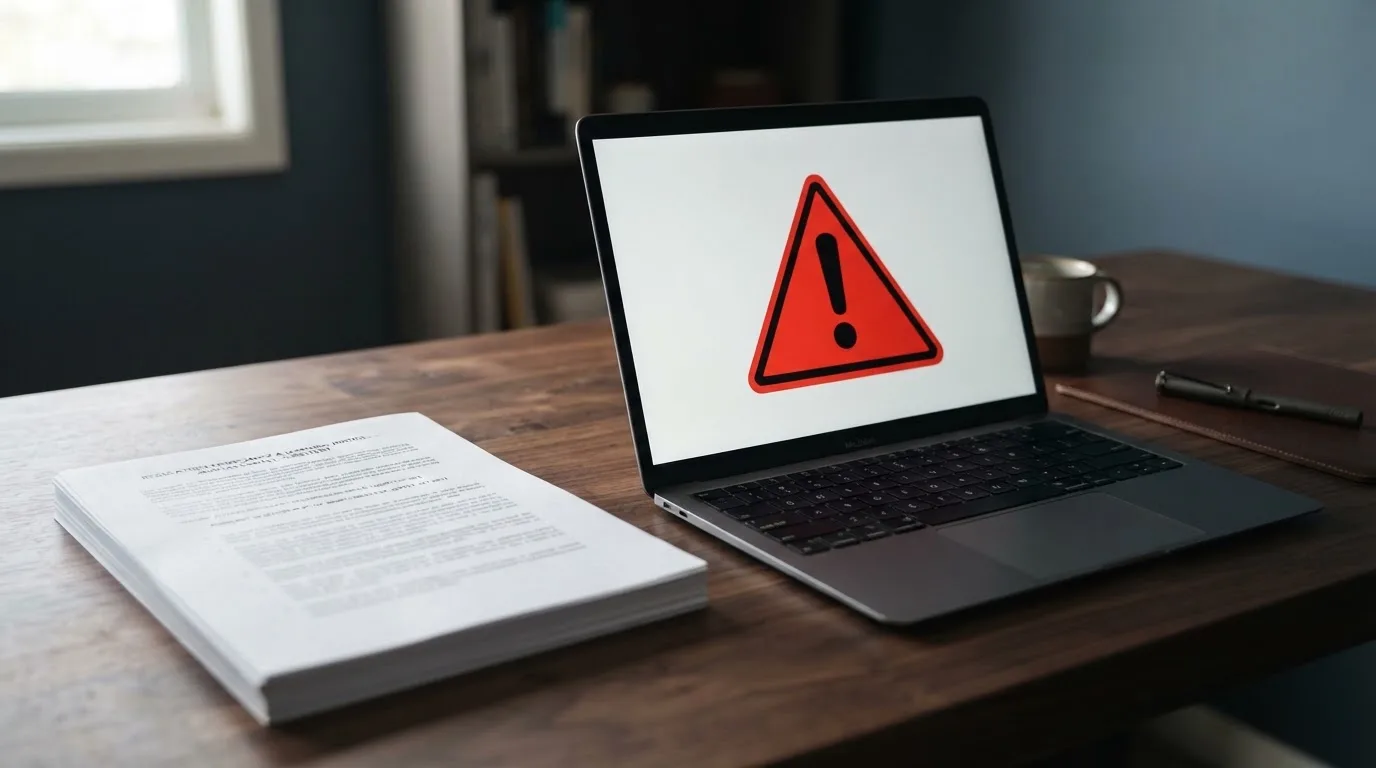 A red triangular warning sign icon on a laptop screen next to a stack of legal papers, symbolising an official caution rather than any specific website.