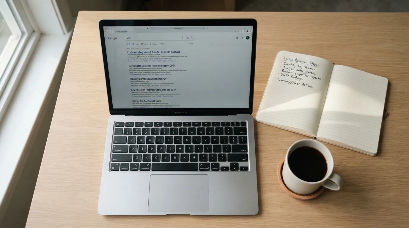 A tidy desk with a laptop open on a plain search-results page, a notebook and a coffee cup beside it, no screens showing any casino branding.