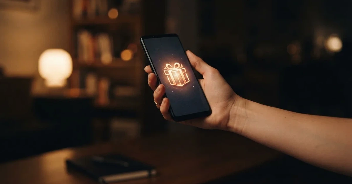 A gift box icon glowing on a phone screen, held at arm's length, suggesting an unopened offer rather than an active game.