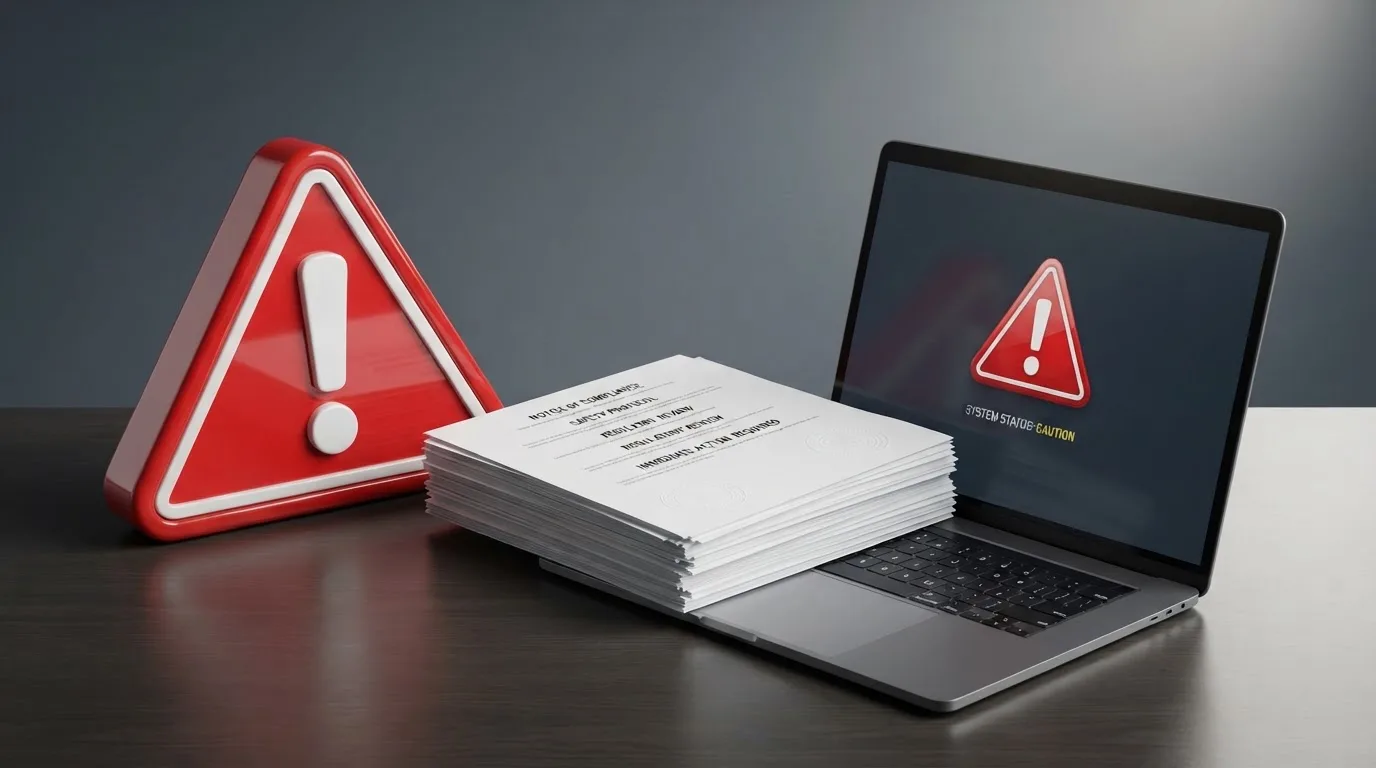 A red triangular warning sign icon on a laptop screen next to a stack of legal papers, symbolising an official caution rather than any specific website.