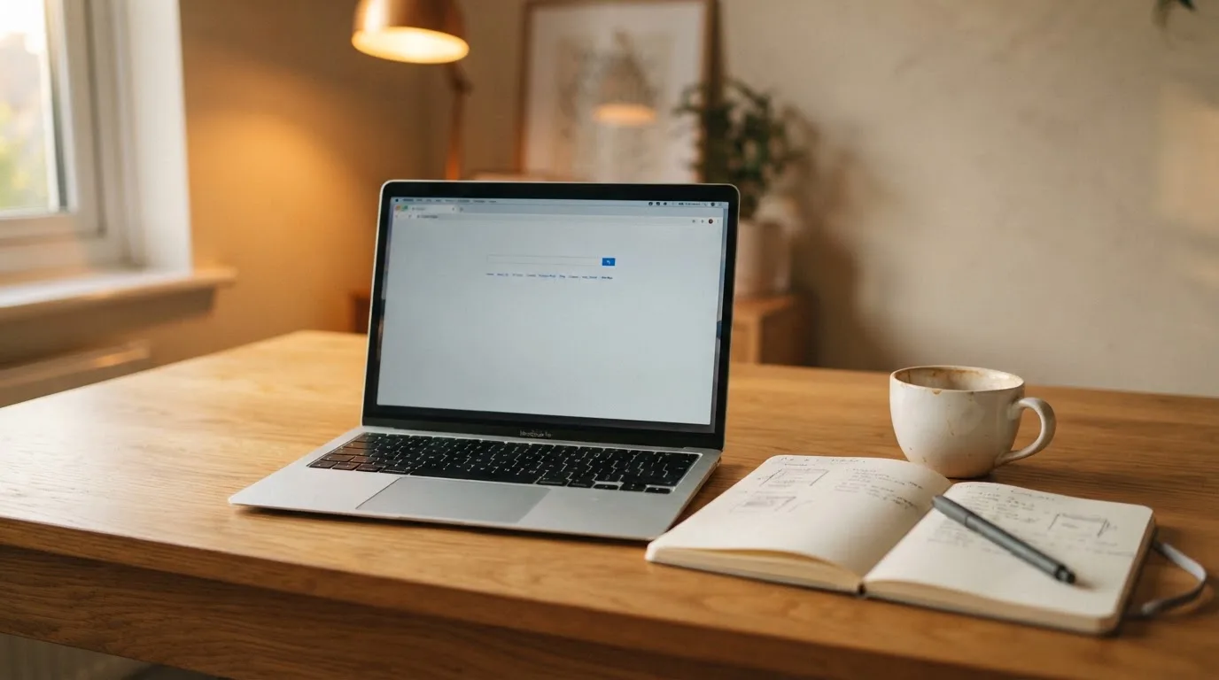 A tidy desk with a laptop open on a plain search-results page, a notebook and a coffee cup beside it, no screens showing any casino branding.