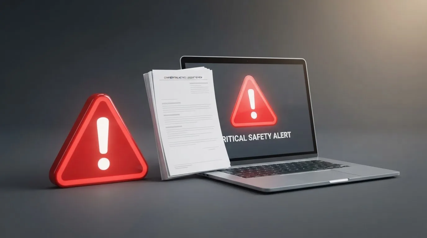 A red triangular warning sign icon on a laptop screen next to a stack of legal papers, symbolising an official caution rather than any specific website.