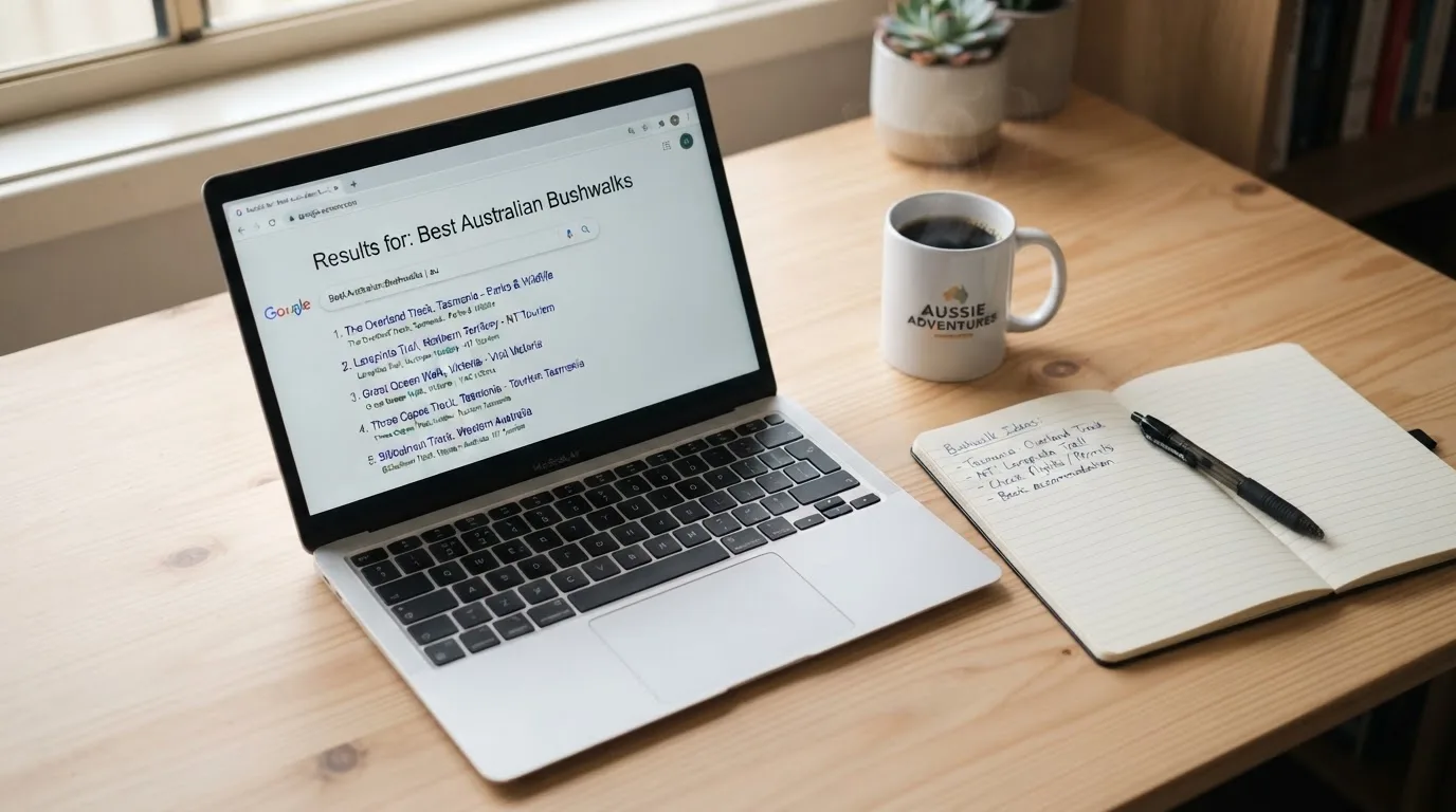 A tidy desk with a laptop open on a plain search-results page, a notebook and a coffee cup beside it, no screens showing any casino branding.