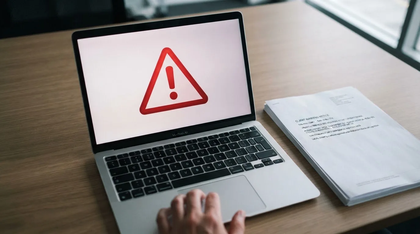 A red triangular warning sign icon on a laptop screen next to a stack of legal papers, symbolising an official caution rather than any specific website.