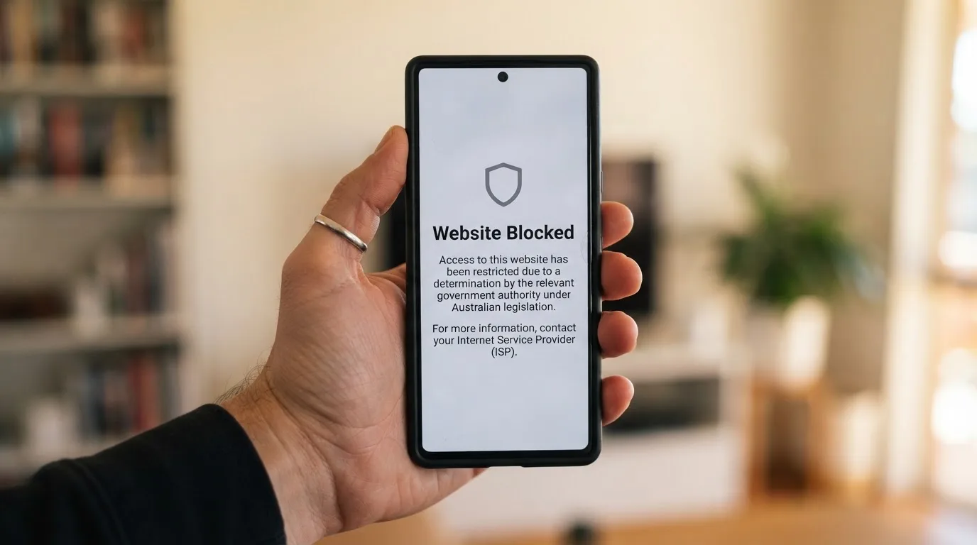 A smartphone screen showing a plain government warning notice about a blocked website, held against a blurred background.