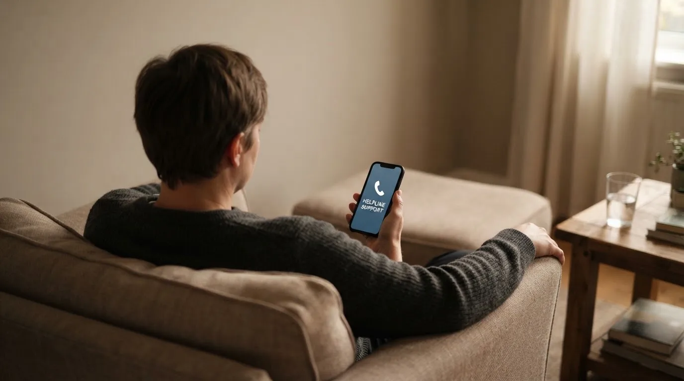 A person sitting calmly with a phone open to a support helpline page, no gaming screen visible.