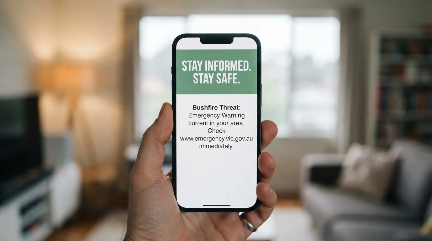 A smartphone screen showing a plain government warning notice about a blocked website, held against a blurred background.