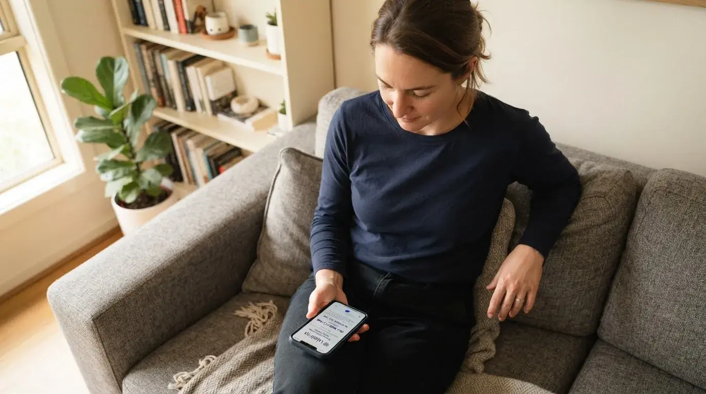 A person sitting calmly with a phone open to a support helpline page, no gaming screen visible.