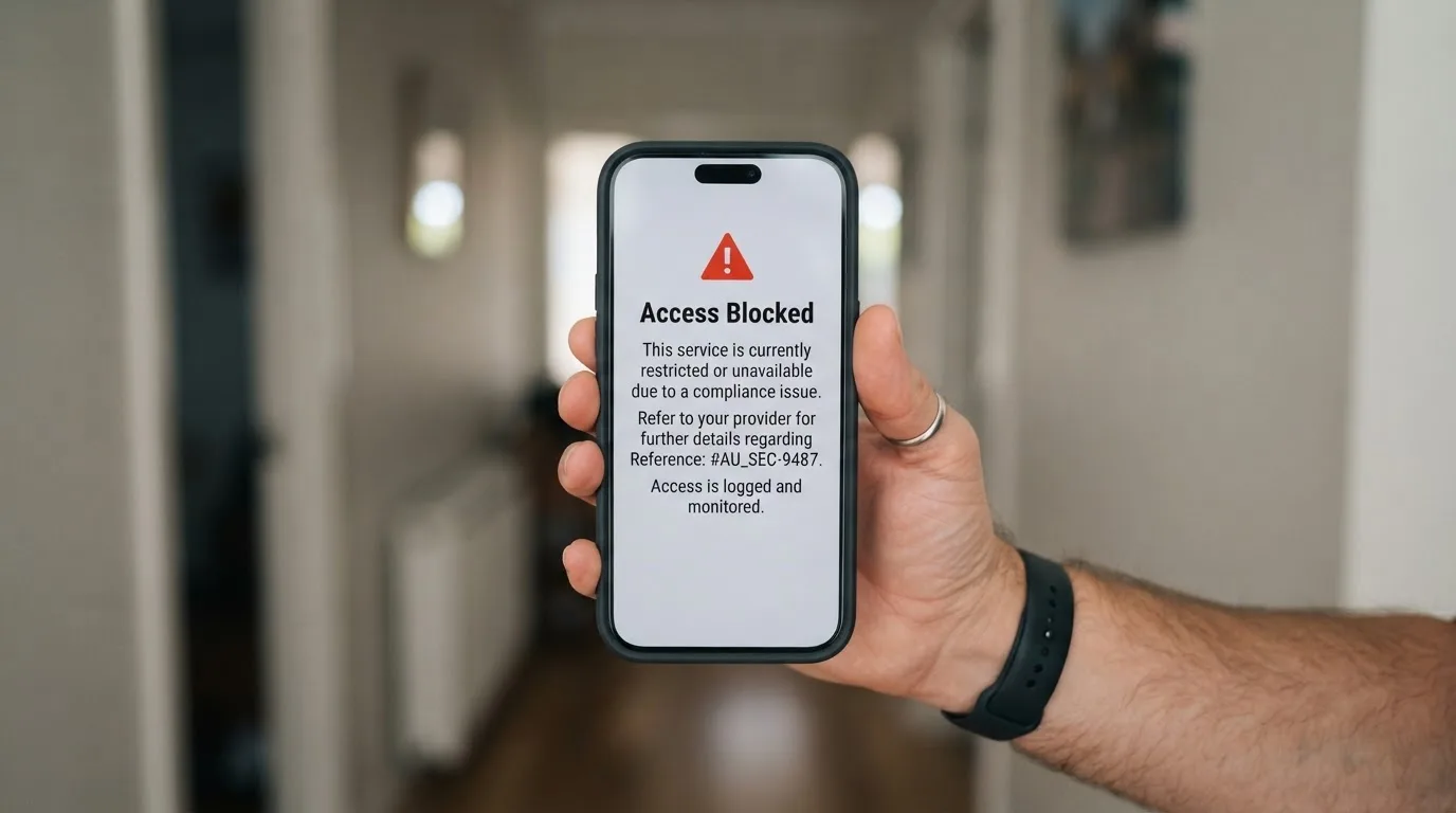 A smartphone screen showing a plain government warning notice about a blocked website, held against a blurred background.