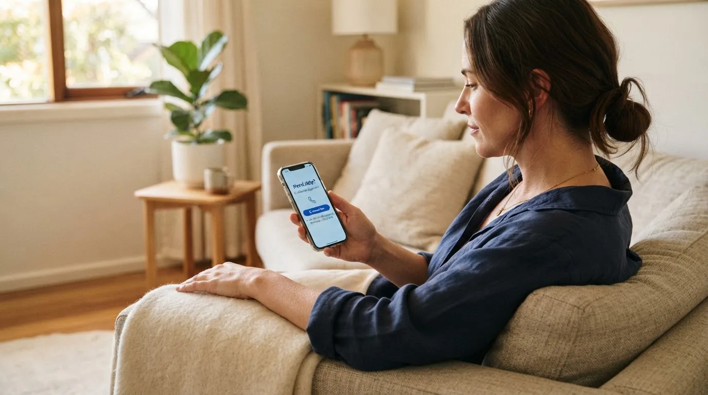A person sitting calmly with a phone open to a support helpline page, no gaming screen visible.