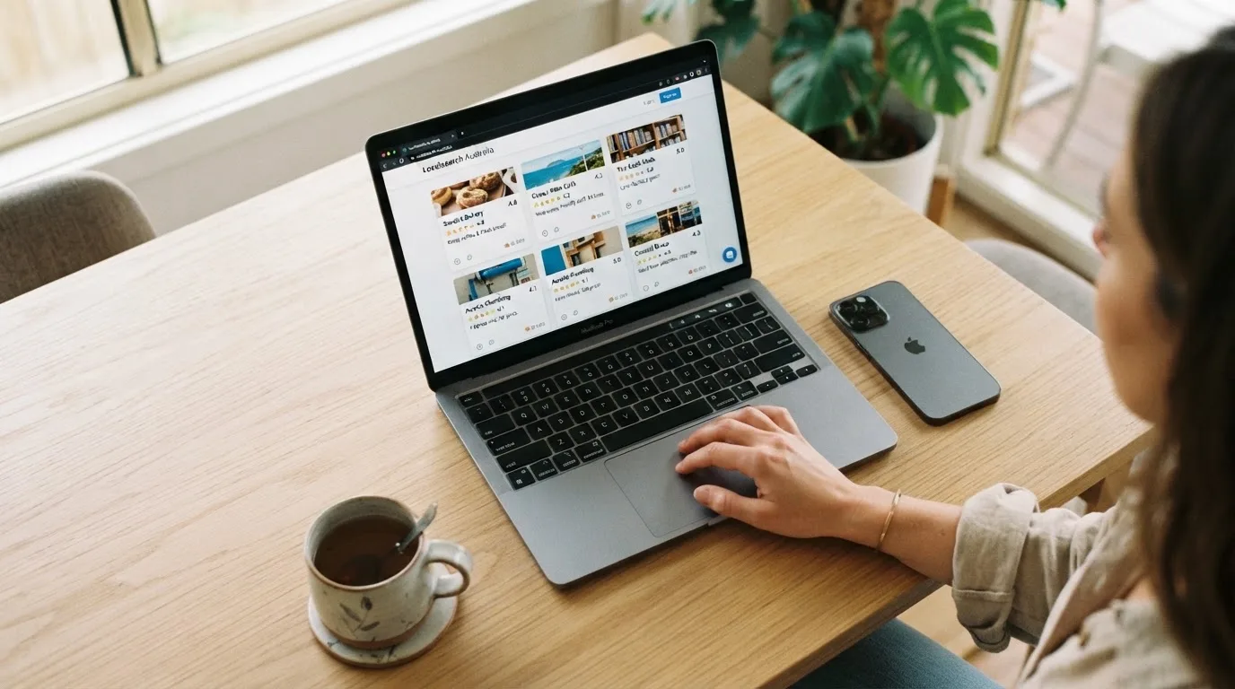 A person at a kitchen table scrolling through review pages on a laptop, phone face-down beside them.