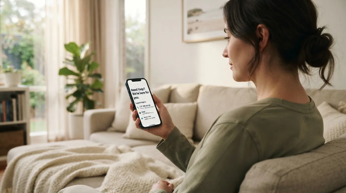 A person sitting calmly with a phone open to a support helpline page, no gaming screen visible.
