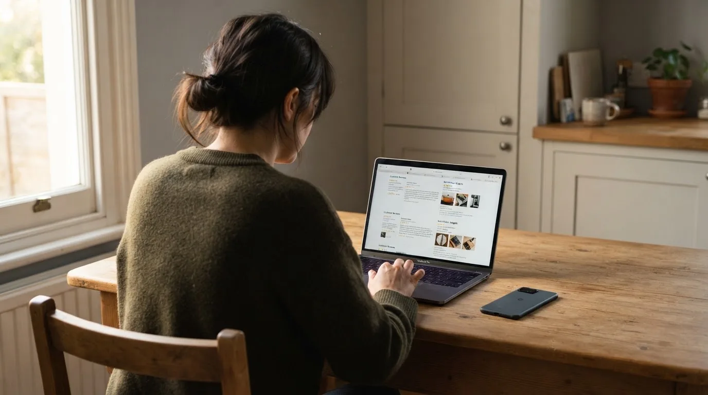 A person at a kitchen table scrolling through review pages on a laptop, phone face-down beside them.