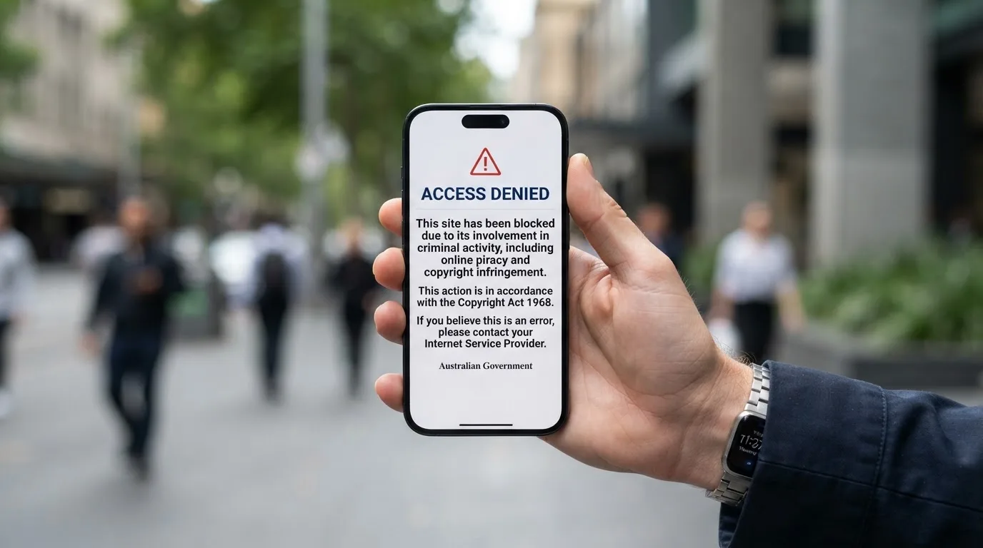 A smartphone screen showing a plain government warning notice about a blocked website, held against a blurred background.