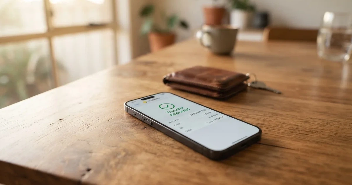 A phone screen showing a bank transfer confirmation, held next to a wallet on a table.