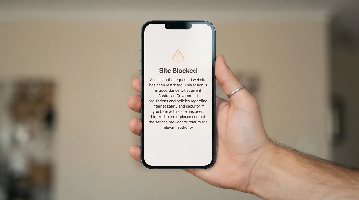 A smartphone screen showing a plain government warning notice about a blocked website, held against a blurred background.