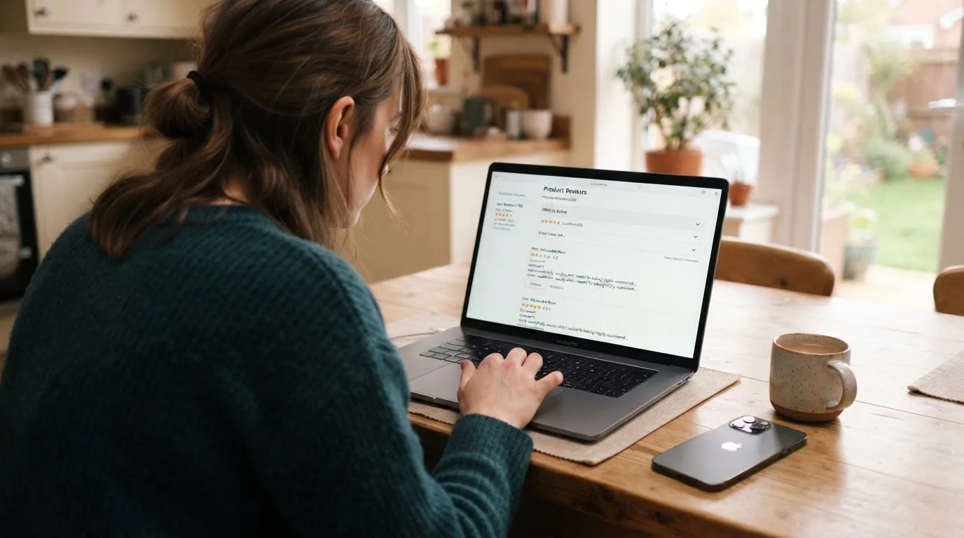 A person at a kitchen table scrolling through review pages on a laptop, phone face-down beside them.