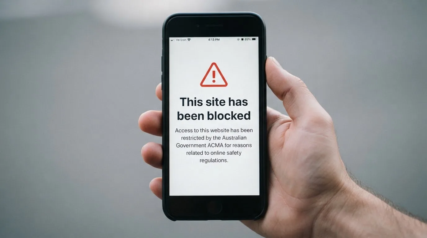 A smartphone screen showing a plain government warning notice about a blocked website, held against a blurred background.