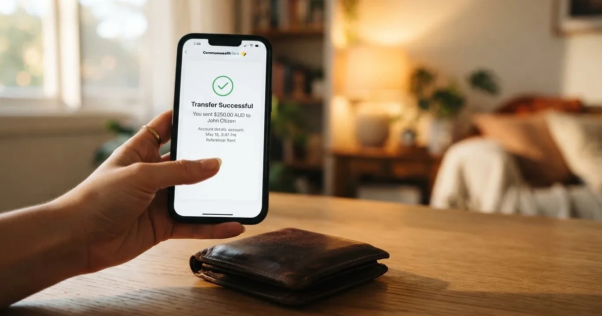 A phone screen showing a bank transfer confirmation, held next to a wallet on a table.