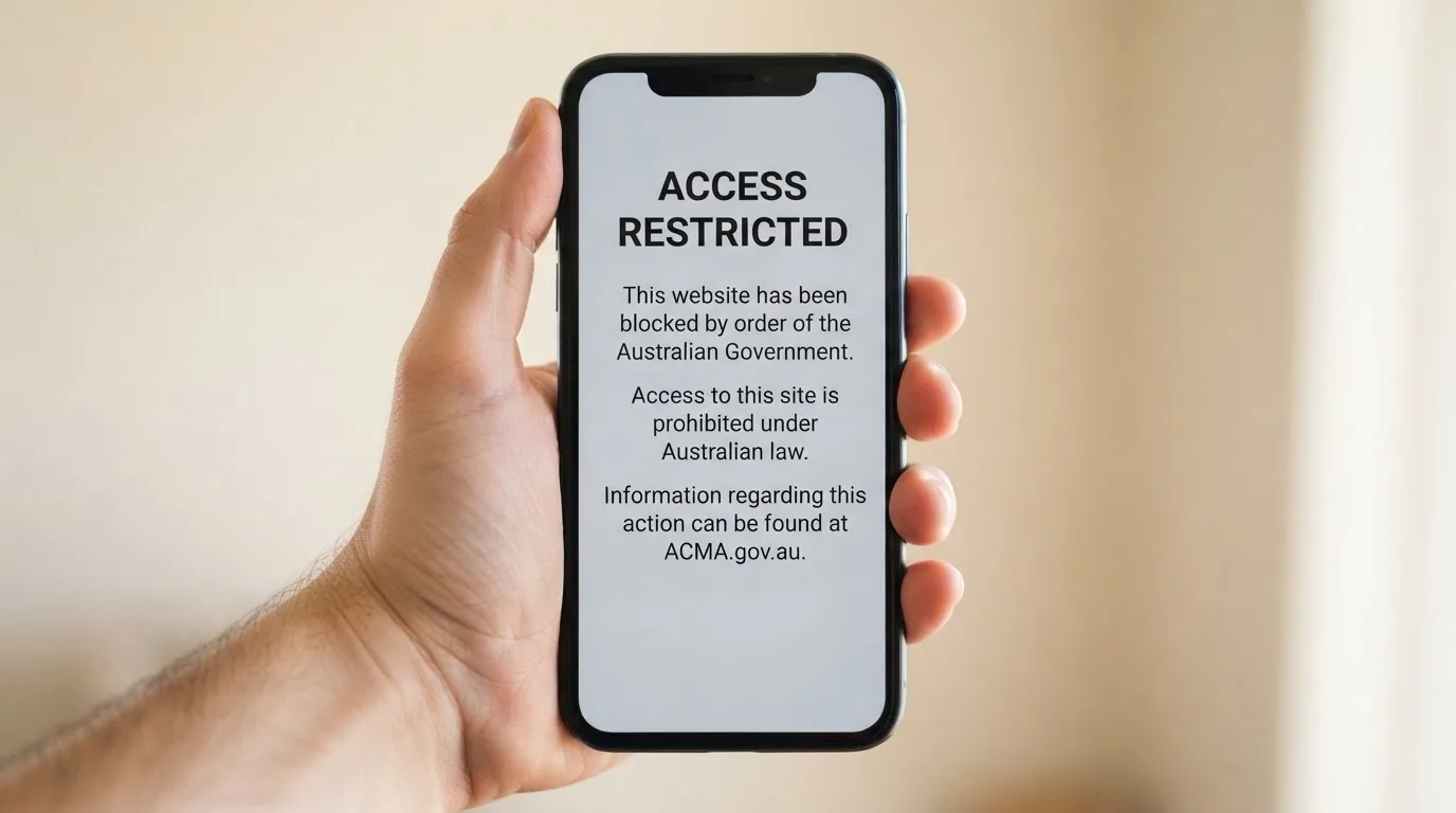 A smartphone screen showing a plain government warning notice about a blocked website, held against a blurred background.