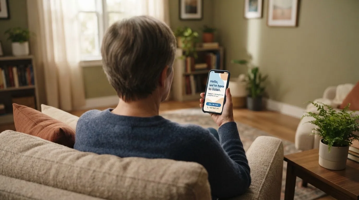 A person sitting calmly with a phone open to a support helpline page, no gaming screen visible.