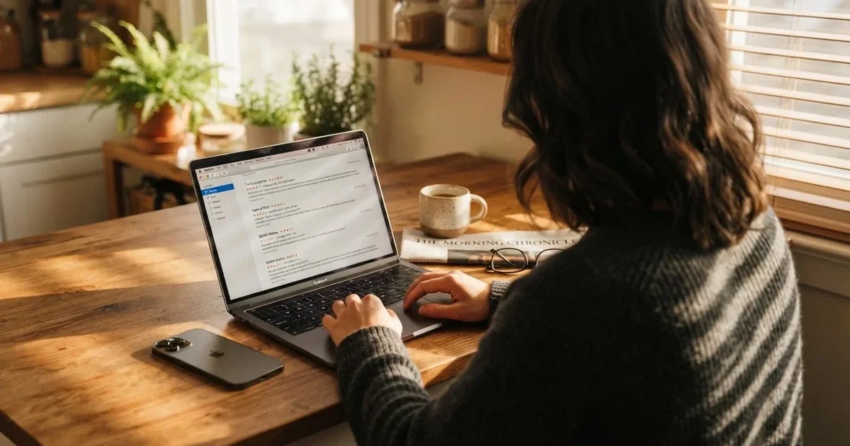 A person at a kitchen table scrolling through review pages on a laptop, phone face-down beside them.