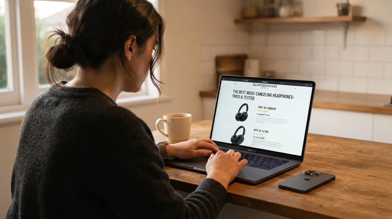 A person at a kitchen table scrolling through review pages on a laptop, phone face-down beside them.