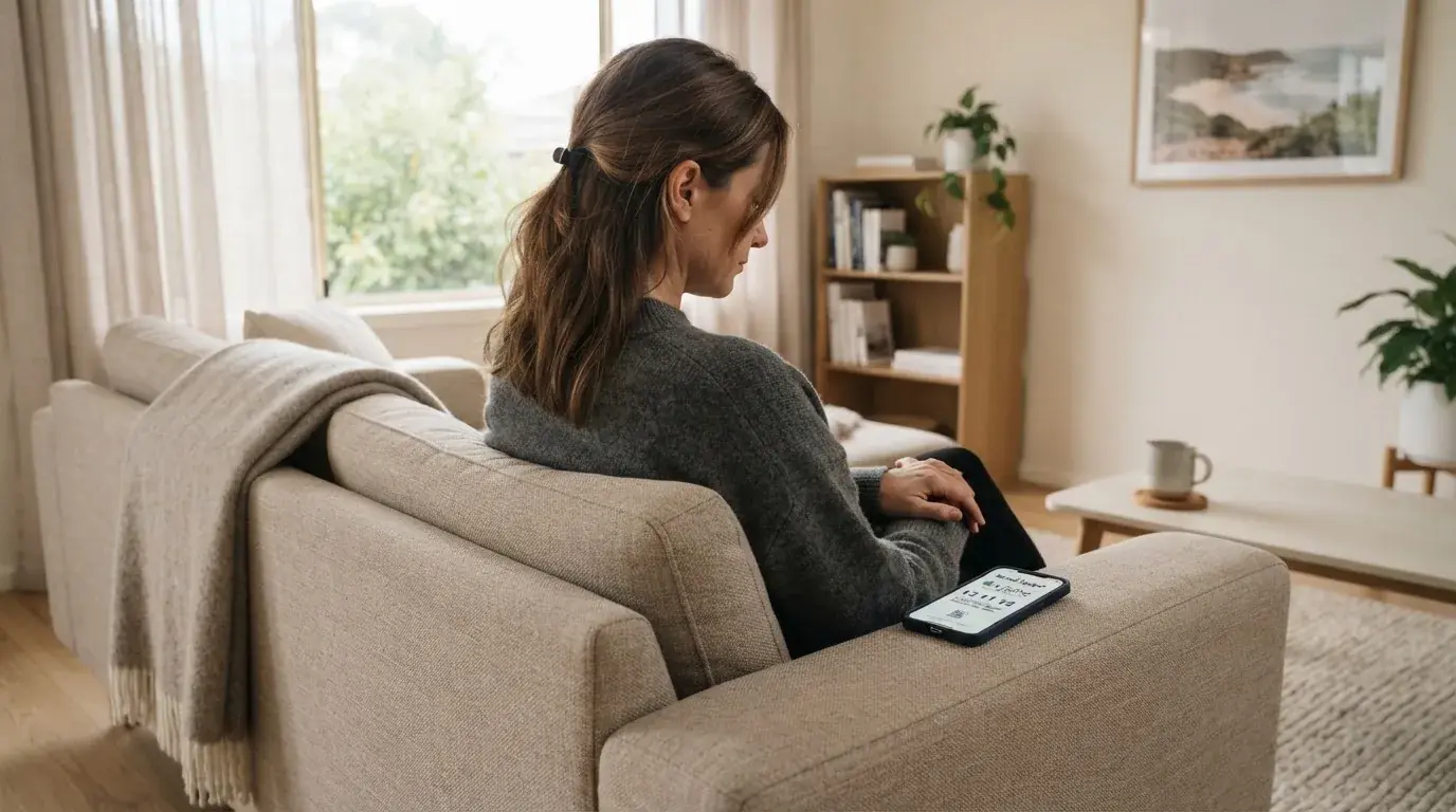 A person sitting calmly with a phone open to a support helpline page, no gaming screen visible.