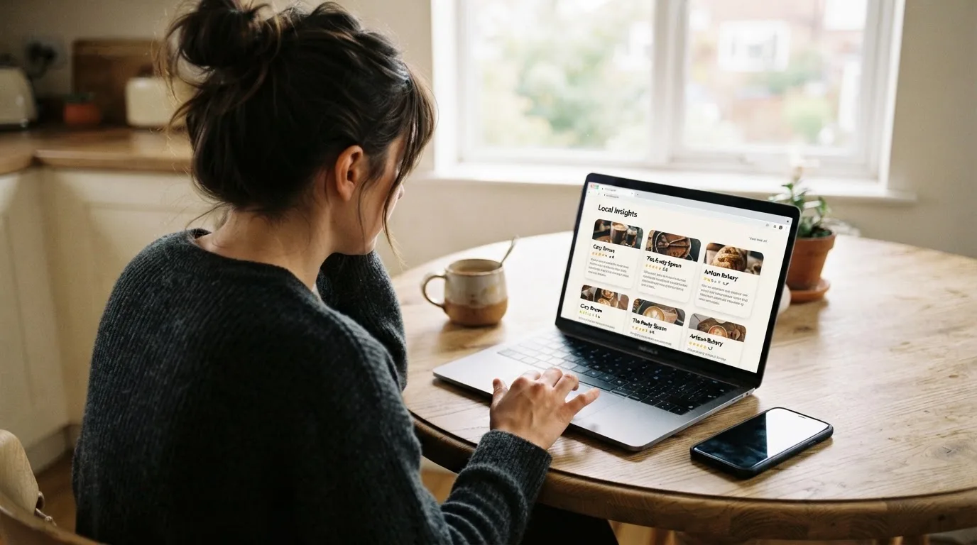 A person at a kitchen table scrolling through review pages on a laptop, phone face-down beside them.