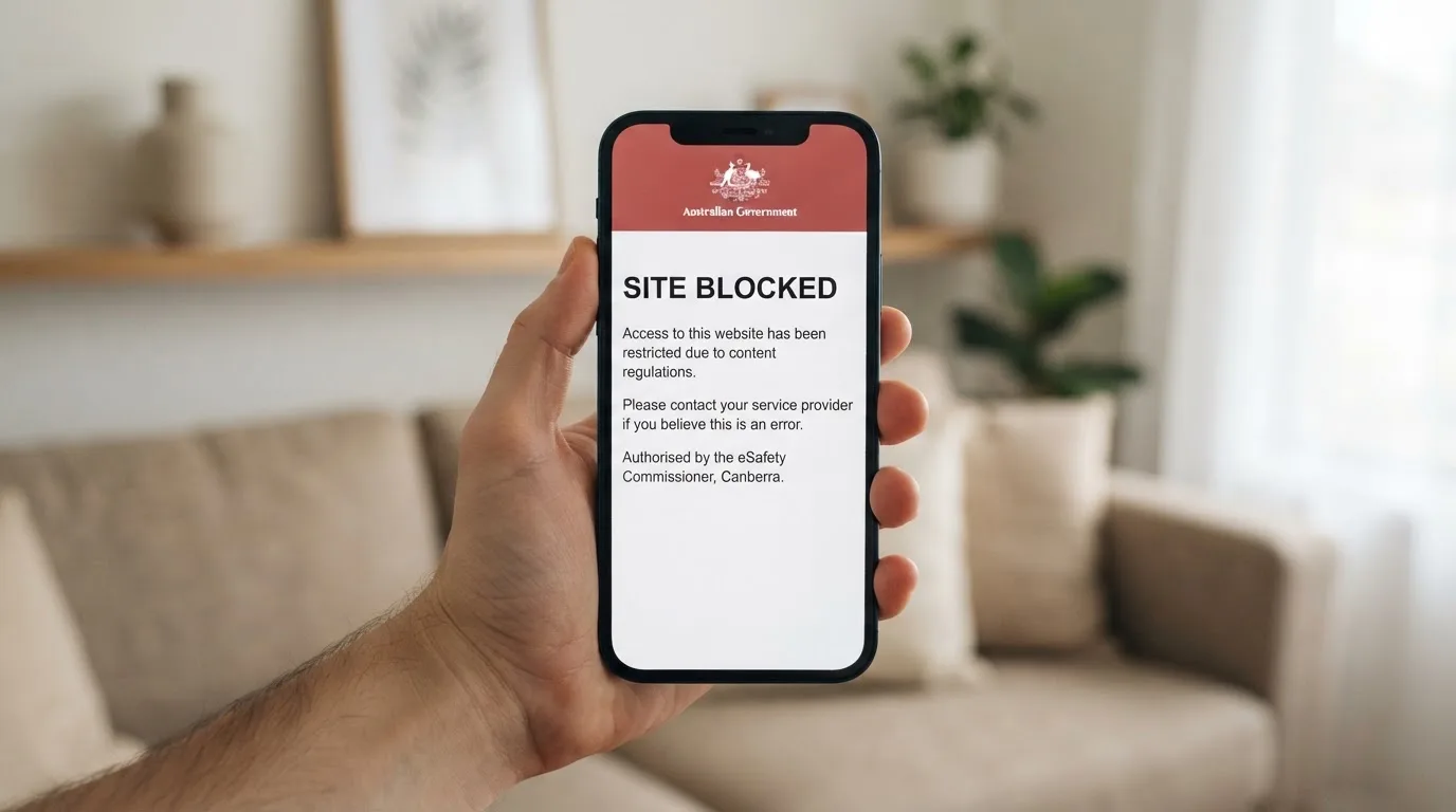 A smartphone screen showing a plain government warning notice about a blocked website, held against a blurred background.