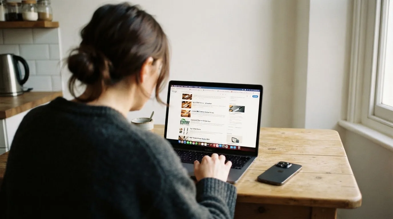 A person at a kitchen table scrolling through review pages on a laptop, phone face-down beside them.