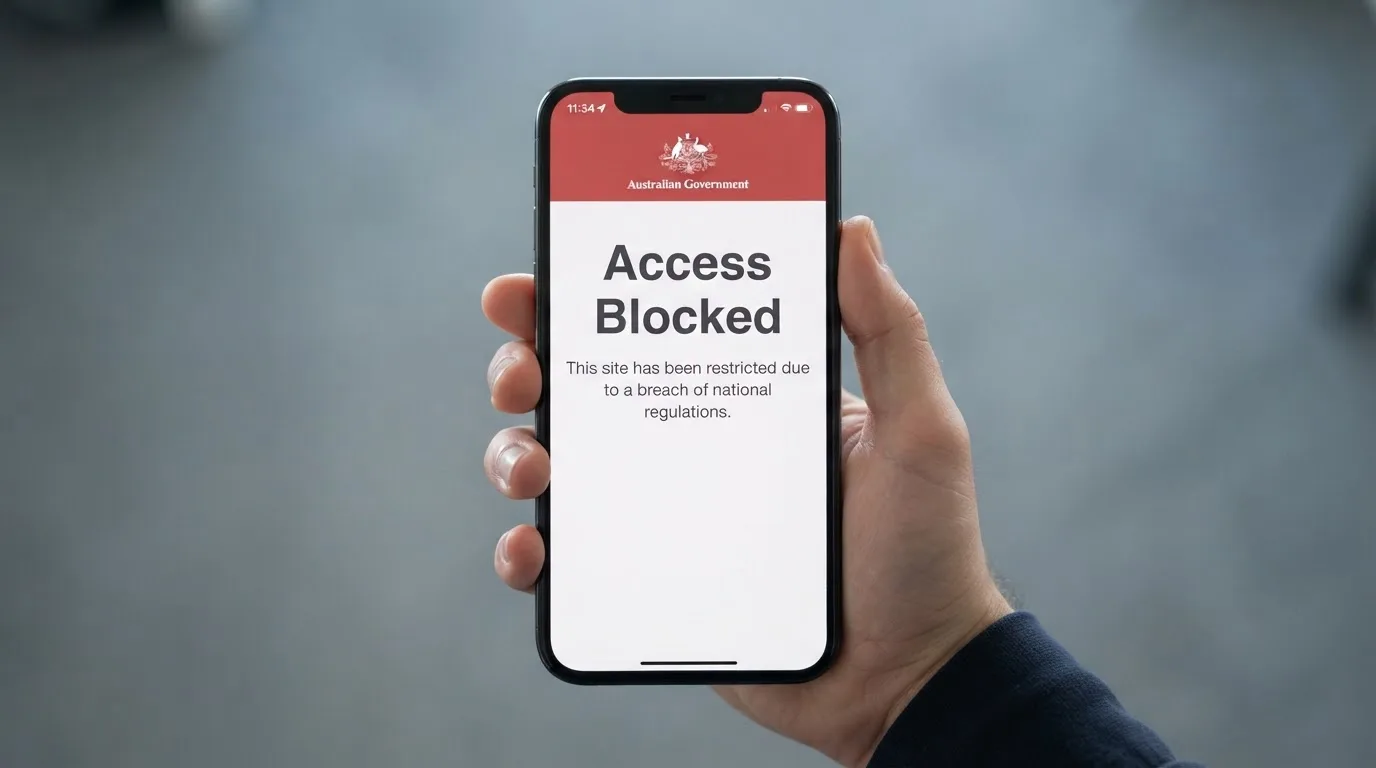 A smartphone screen showing a plain government warning notice about a blocked website, held against a blurred background.