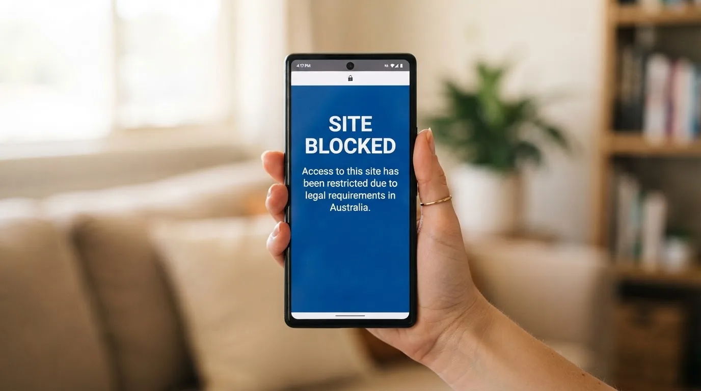 A smartphone screen showing a plain government warning notice about a blocked website, held against a blurred background.