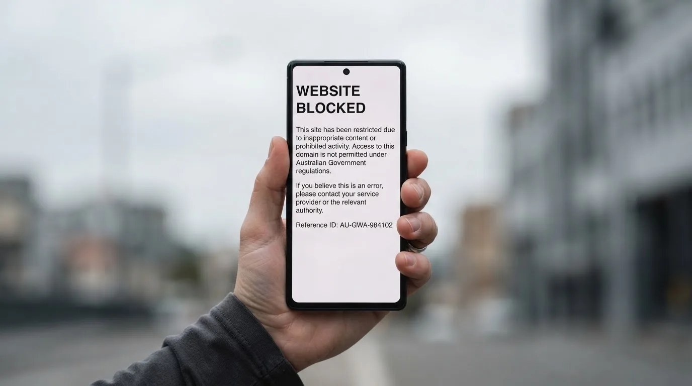 A smartphone screen showing a plain government warning notice about a blocked website, held against a blurred background.