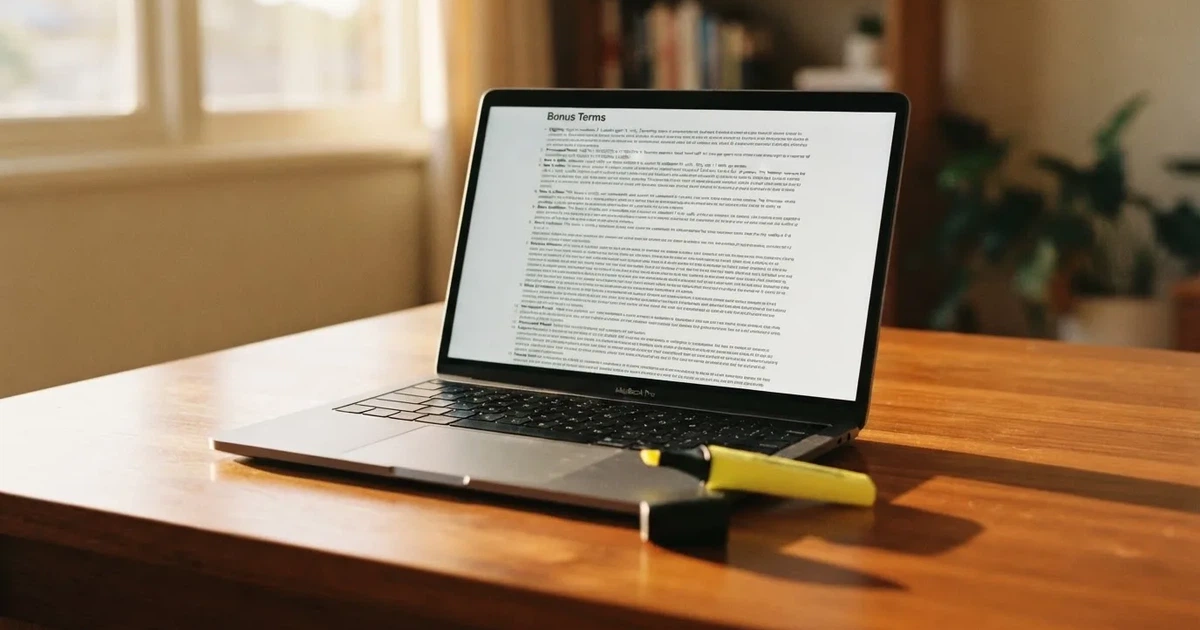 A laptop screen showing a page of terms and conditions text with a highlighter resting nearby.