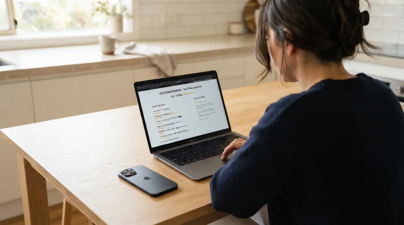 A person at a kitchen table scrolling through review pages on a laptop, phone face-down beside them.