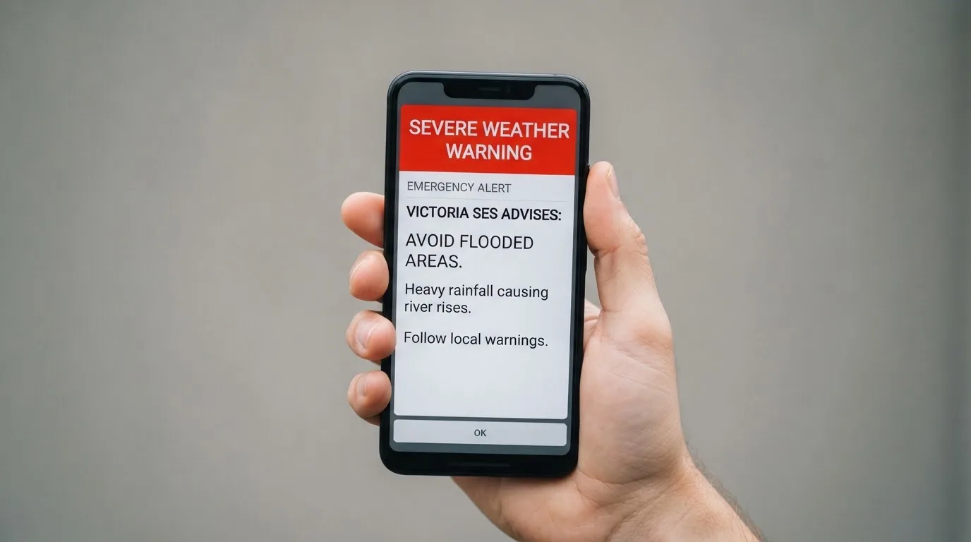 A smartphone screen showing a plain government warning notice about a blocked website, held against a blurred background.
