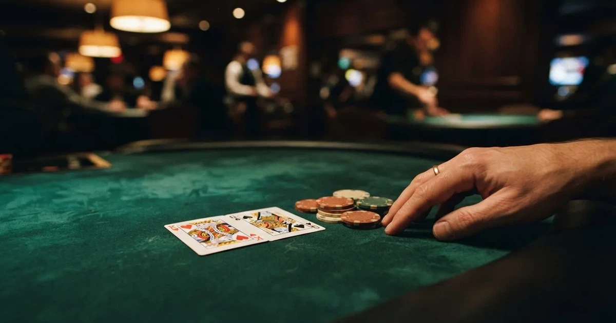 A close-up of a green felt gaming table with cards and chips mid-hand.