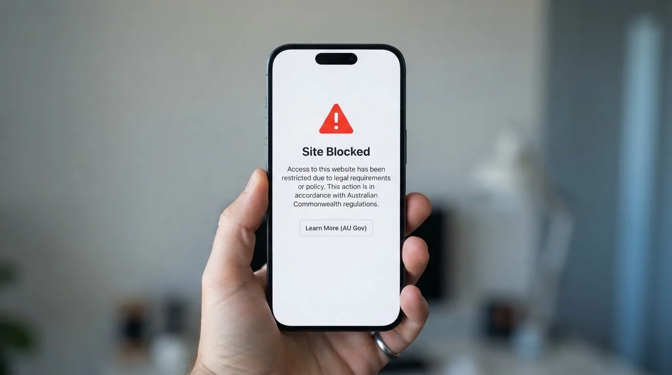 A smartphone screen showing a plain government warning notice about a blocked website, held against a blurred background.