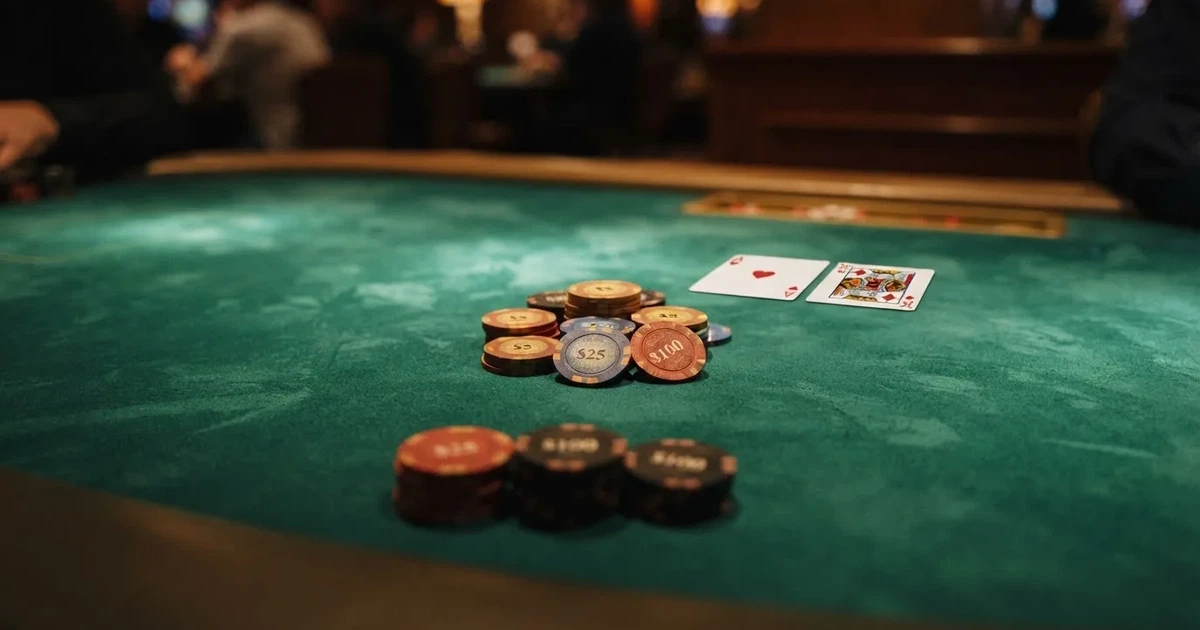 A close-up of a green felt gaming table with cards and chips mid-hand.