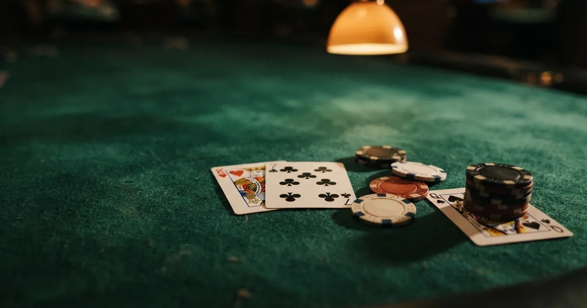 A close-up of a green felt gaming table with cards and chips mid-hand.