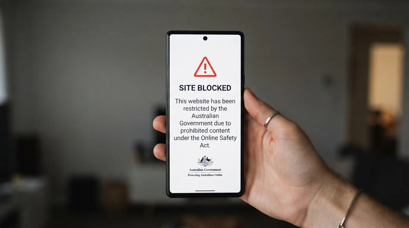 A smartphone screen showing a plain government warning notice about a blocked website, held against a blurred background.