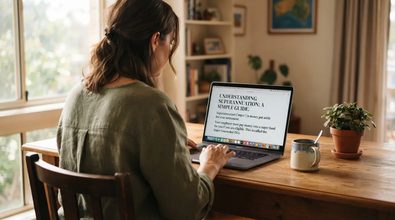 A person at a laptop reading a plain-language explainer article at a home desk.