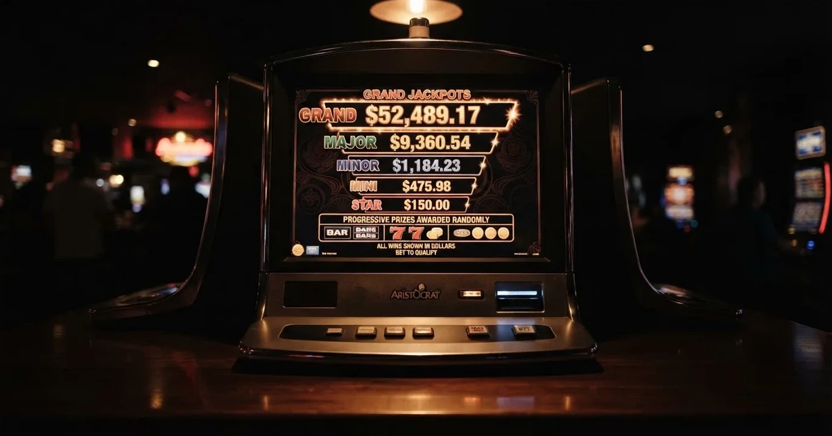 A slot machine's paytable screen glowing on a monitor in a dim room.