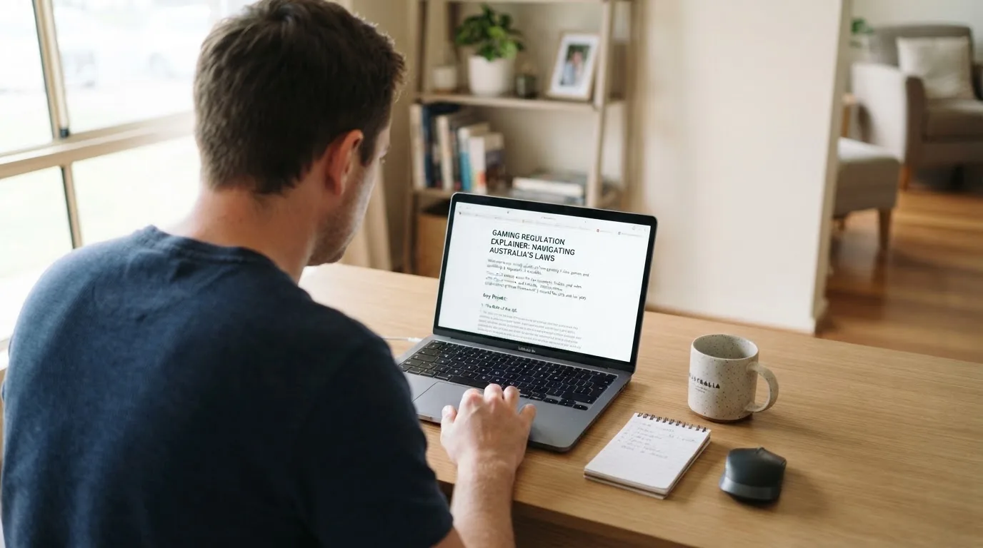 A person at a laptop reading a plain-language explainer article at a home desk.