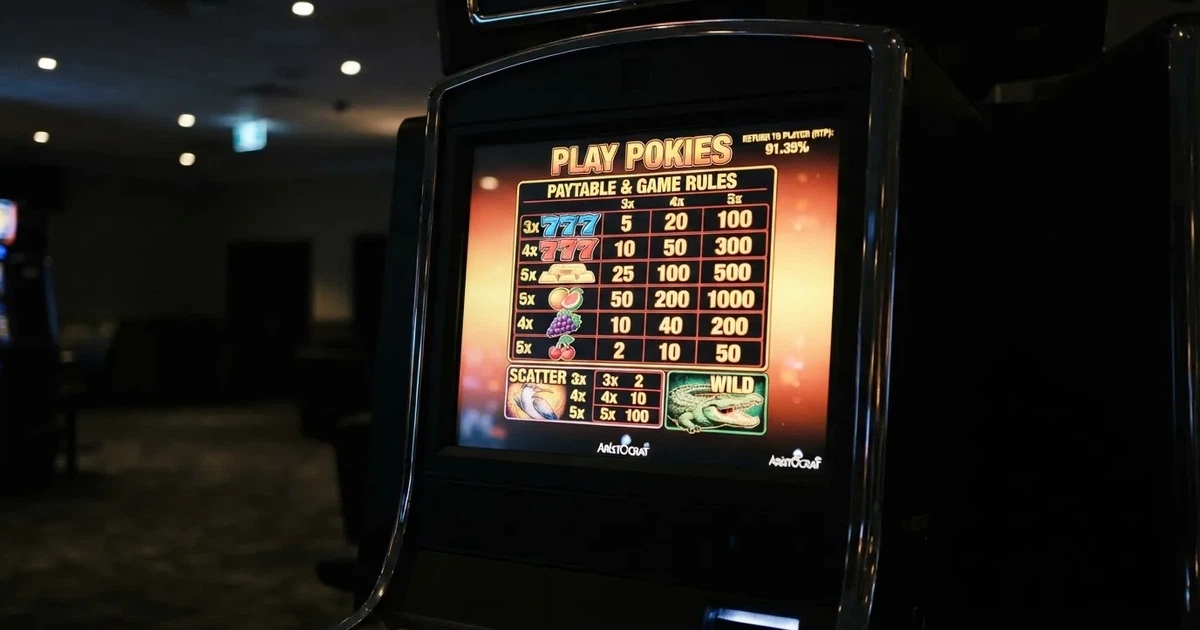 A slot machine's paytable screen glowing on a monitor in a dim room.